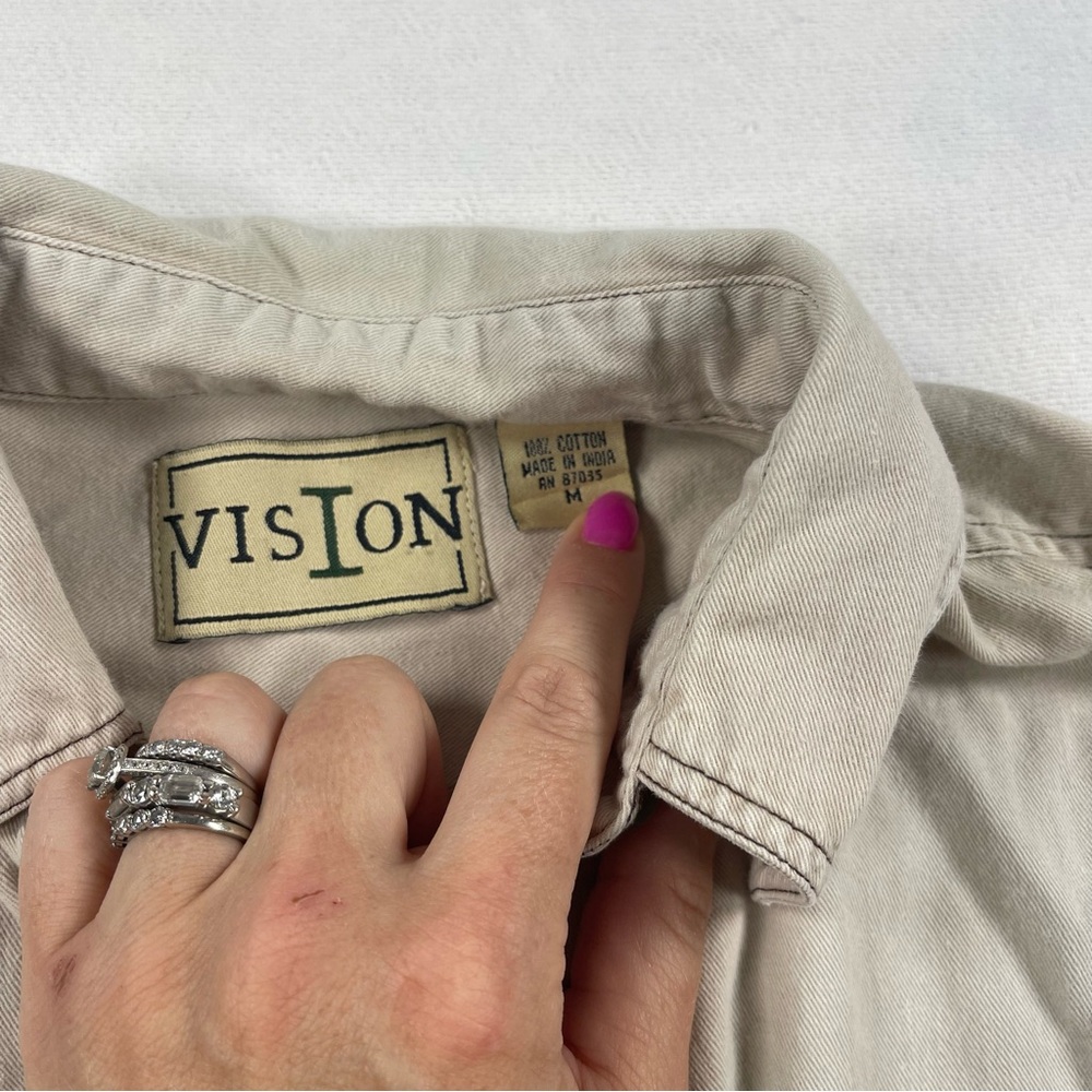 Vintage Beige Short-Sleeve cropped Button-Up Shirt minimalist natural - Picture 4 of 7